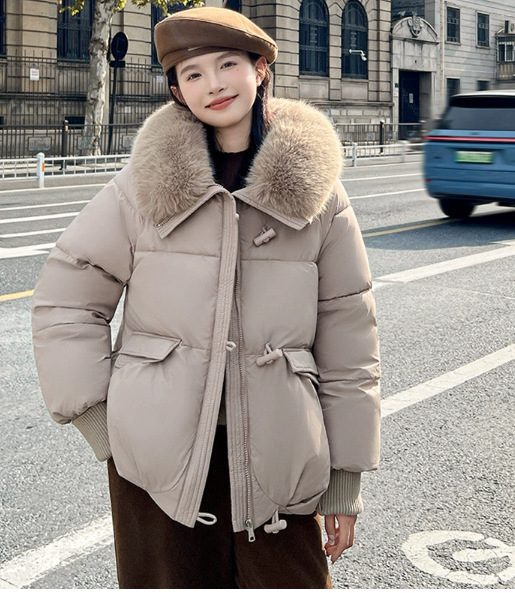 Down Cotton-padded Jacket Women's Short Fur Collar Thickened Coat Winter Clothing – Khaki