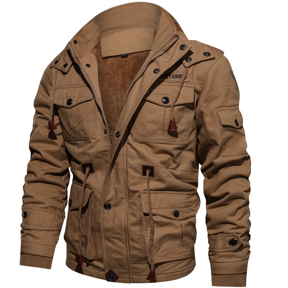 Winter Zip-up Coat Warm Thickened Detachable Hooded Jacket Multi-pocket Button Drawstring Long Sleeve Tops Men's Cargo Clothing – view 6