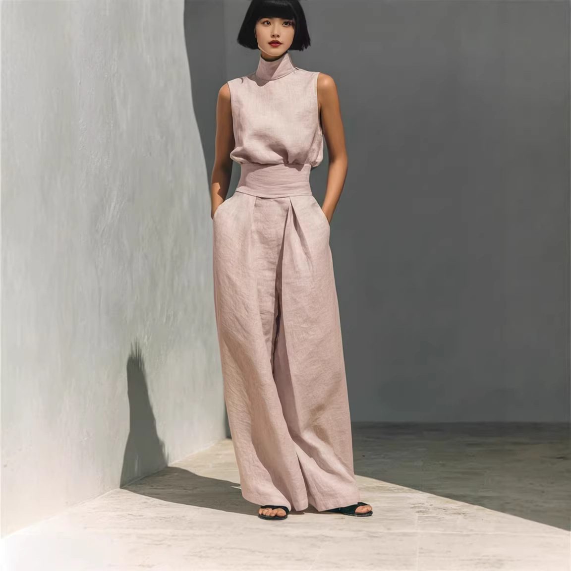 Casual Sleeveless Suit Summer Stand-up Collar Pullover Top And Loose Straight-leg Trousers Women's Clothing – Pink