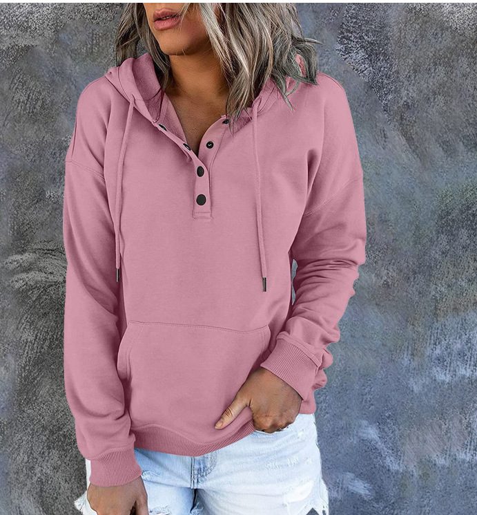Long-sleeved Hooded Sweatshirt With Pockets Fashion Casual Button Drawstring Design Hoodie Top Spring And Autumn Sports Clothing For Women – Pink
