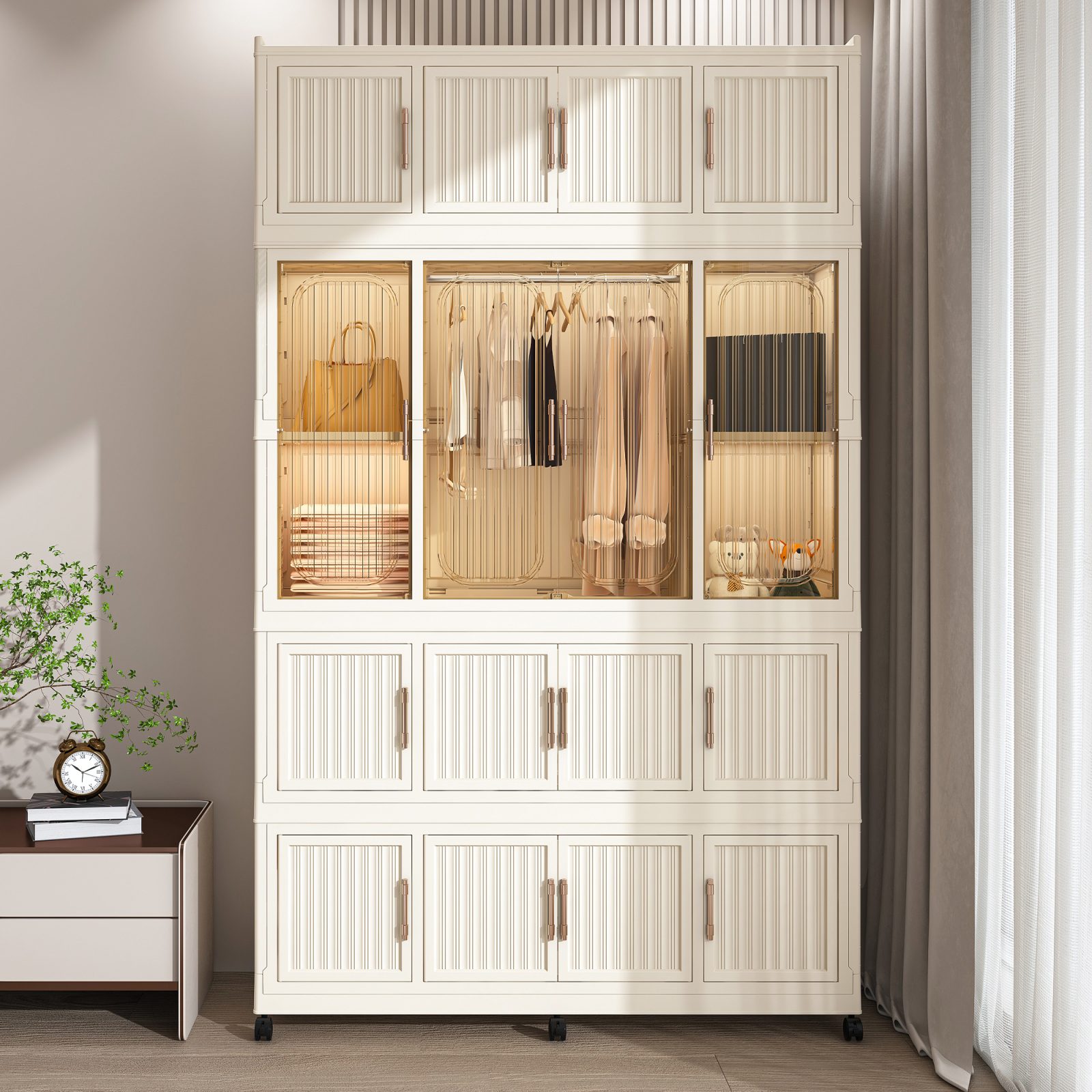 Portable Wardrobe Closet Storage Organizer For Clothes,Clothes Dresser,17 Magnetic Doors-17 Cubes & 1 Hanging Rod,6 Pcs Hangers, Baby Wardrobe Storage Cabinet,White – Creamy White