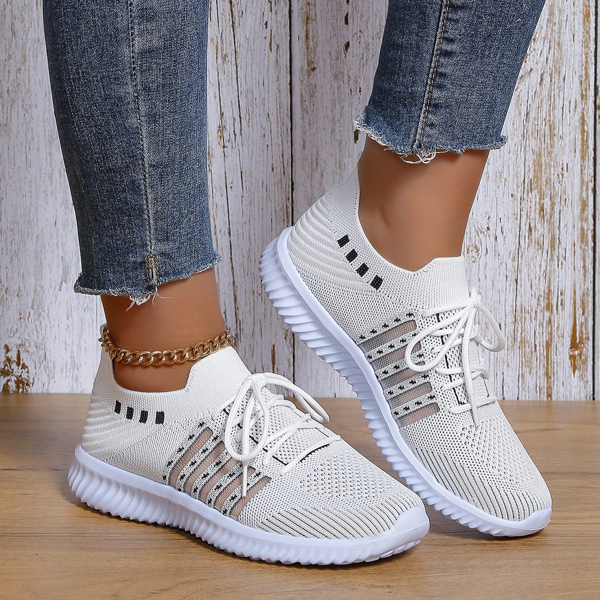 Casual Lace-up Mesh Sneakers Breathable Flying Woven Round Toe Walking Running Sports Shoes – Beige
