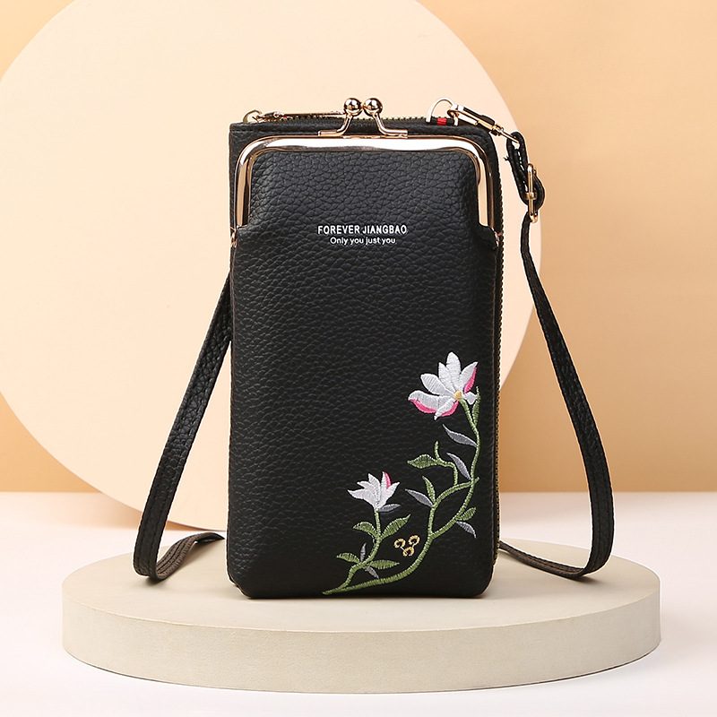 Flower Embroidery Phone Bag With Lock Buckle Outdoor Long Wallet Fashion Shoulder And Crossbody Bags – Black