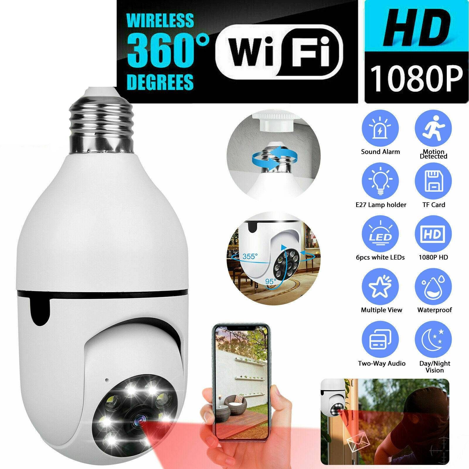 IR E27 Light Bulb Camera 1080P HD Wireless Wifi Smart Home Security Camera – White