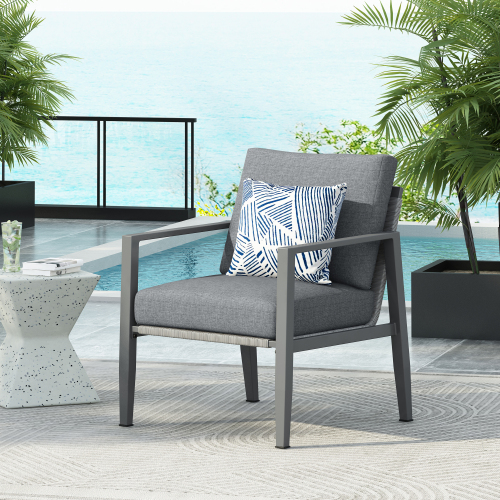 Gray Aluminum Lounge Chair With Sleek Rope Accents And Comfortable Cushions, Perfect For Modern Outdoor And Indoor Spaces – Gray