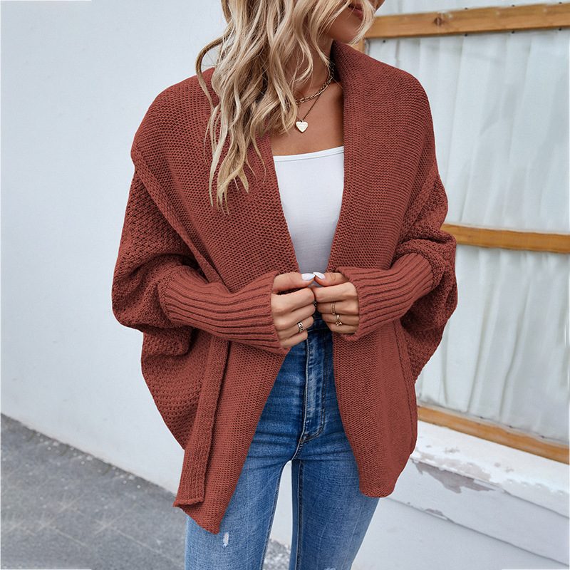New Loose Knitted Sweater Solid Color Bat Sleeve Large Lapel Cardigan Autumn And Winter Fashion Jacket For Women Clothing – Red