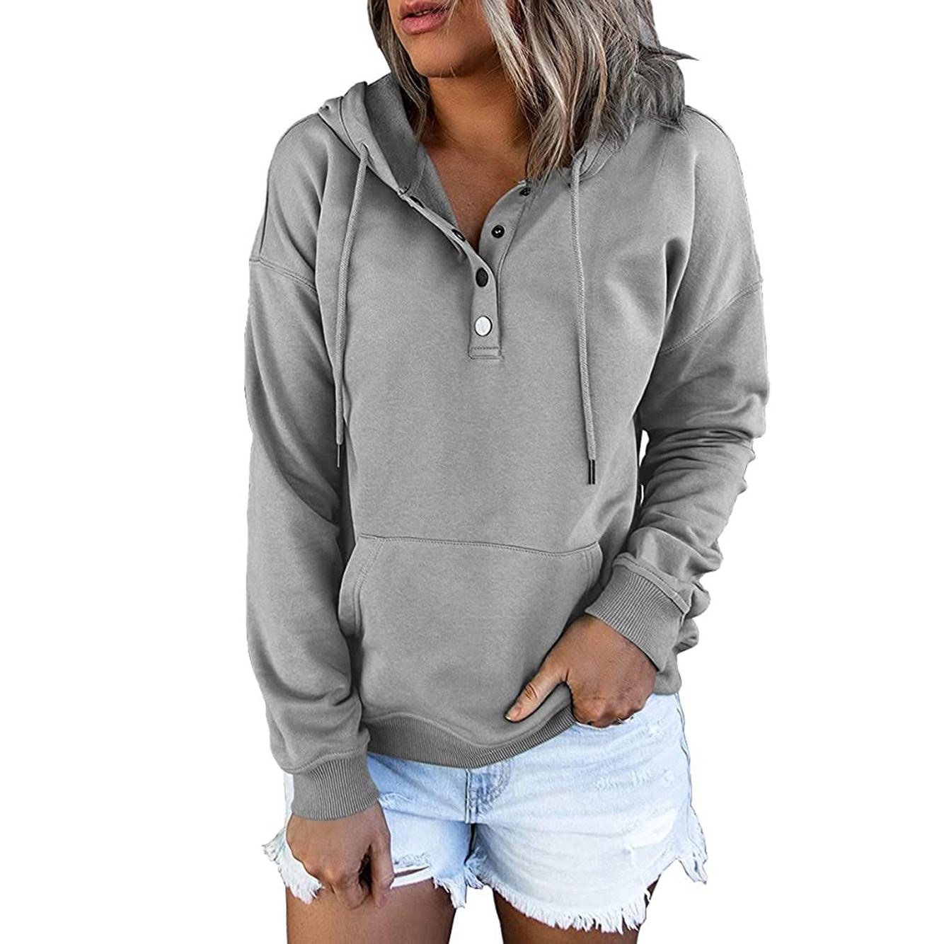 Long-sleeved Hooded Sweatshirt With Pockets Fashion Casual Button Drawstring Design Hoodie Top Spring And Autumn Sports Clothing For Women – Gray