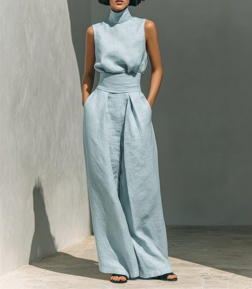 Casual Sleeveless Suit Summer Stand-up Collar Pullover Top And Loose Straight-leg Trousers Women's Clothing – Sky Blue