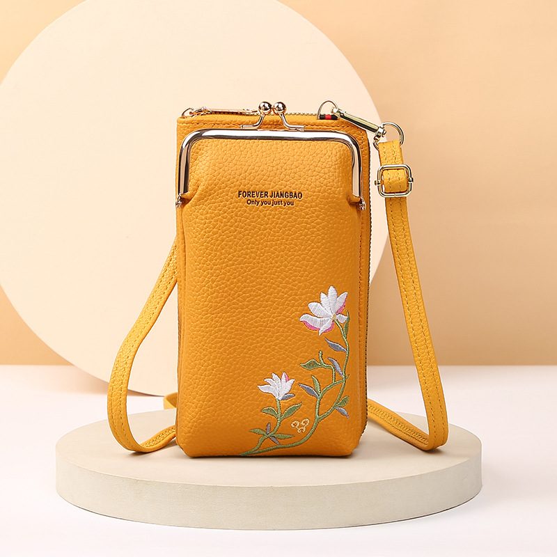 Flower Embroidery Phone Bag With Lock Buckle Outdoor Long Wallet Fashion Shoulder And Crossbody Bags – Yellow