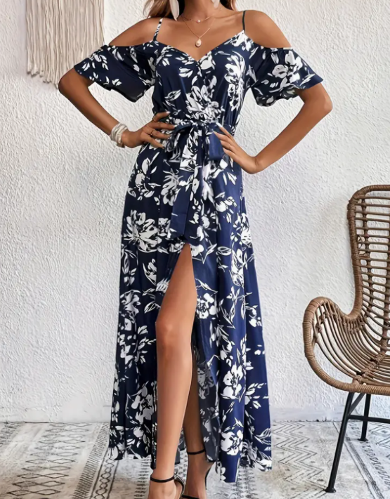 Flower Print Split Suspender Dress With Lace-up Design Summer Fashion Long Dresses Beach Clothing For Women – view 5
