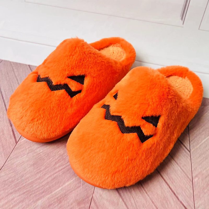 Cute Halloween Pumpkin Slippers Winter Warm Plush Bedroom Floor Home Slippers Casual Slip On Comfortable Cozy Indoor House Shoes – view 2