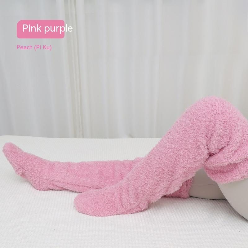 Over Knee High Fuzzy Long Socks Winter Warm Cold Leg Knee Joint Cold-proof Stockings Home Floor Sleeping Socks – Pink Purple