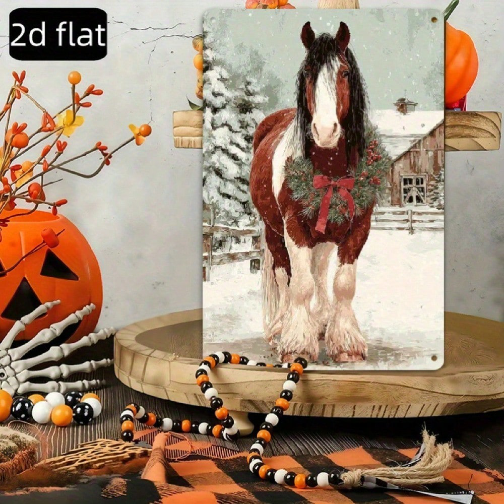 Vintage Christmas Horse Metal Tin Sign 8x12, Rustic Winter Red Ribbon Wall Art – view 3