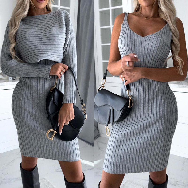 2pcs Suit Women's Solid Stripe Long-sleeved Top And Tight Suspender Skirt Fashion Autumn Winter Slim Clothing – view 10