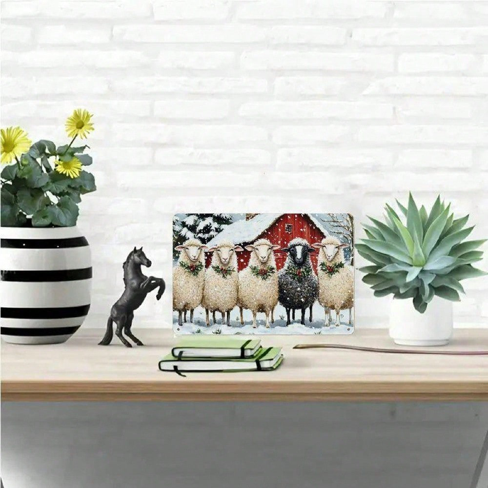 Christmas Red House Sheep Metal Iron Sign, Rustic Winter Snow Wall Decor 12x8 – view 3
