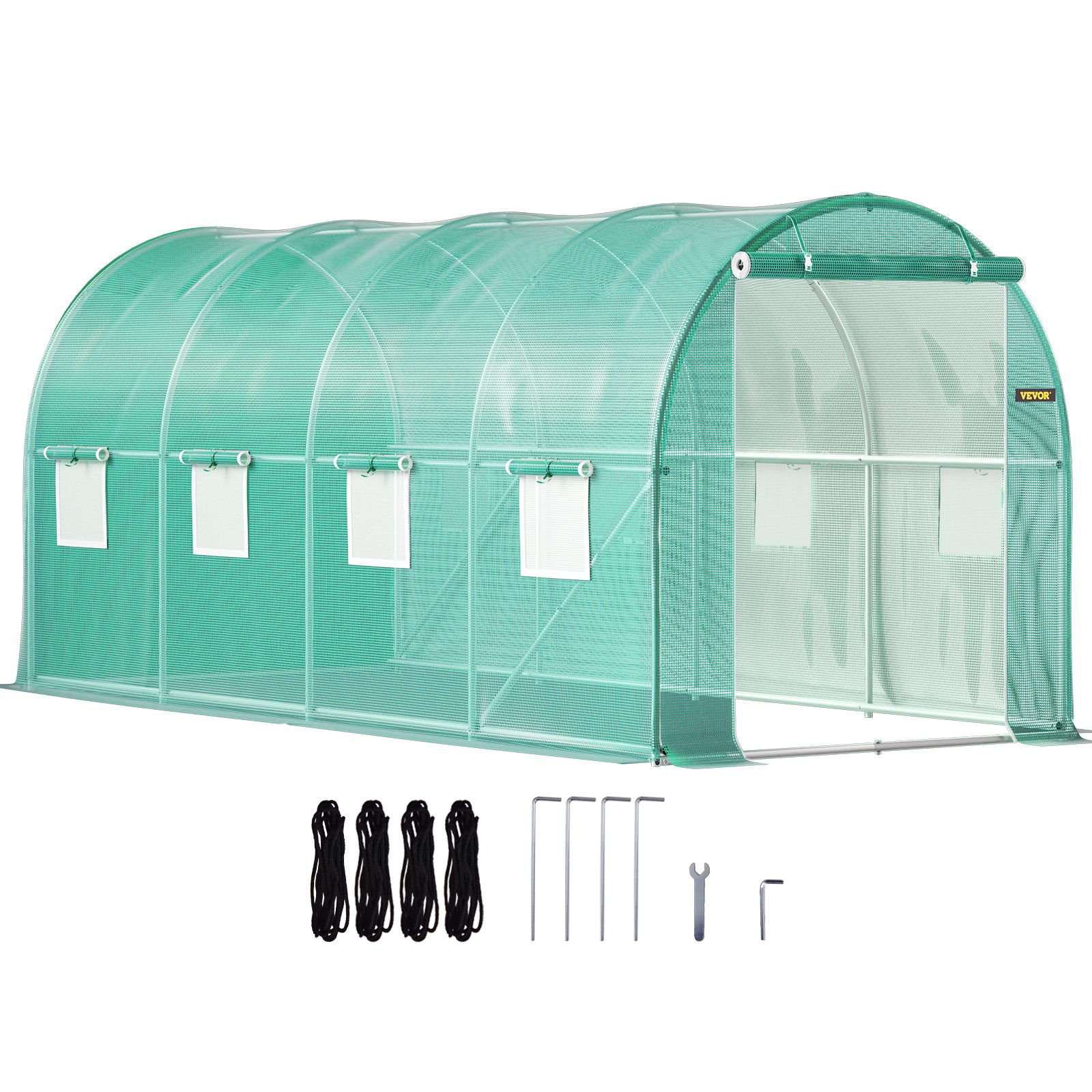 VEVOR Walk-in Tunnel Greenhouse, 15 X 7 X 7 Ft Portable Plant Hot House W Galvanized Steel Hoops, 1 Top Beam, Diagonal Poles, Zippered Door & 8 Roll-up Windows, Green – Default