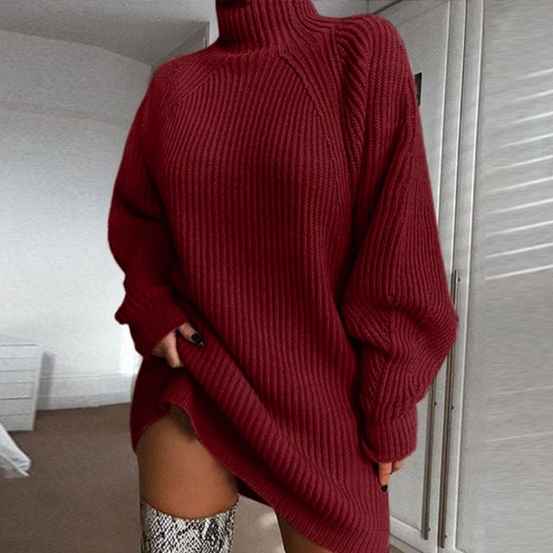 Solid Turtleneck Long Sweater Winter Warm Women Sweater Dress – Wine red