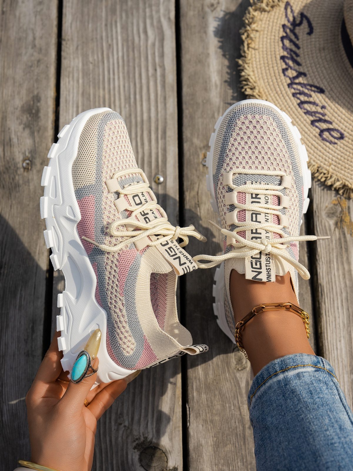 Flyknit Mesh Shoes Women's Breathable Lace-up Sneakers Walking Running Casual Shoes – Card Pink Blue