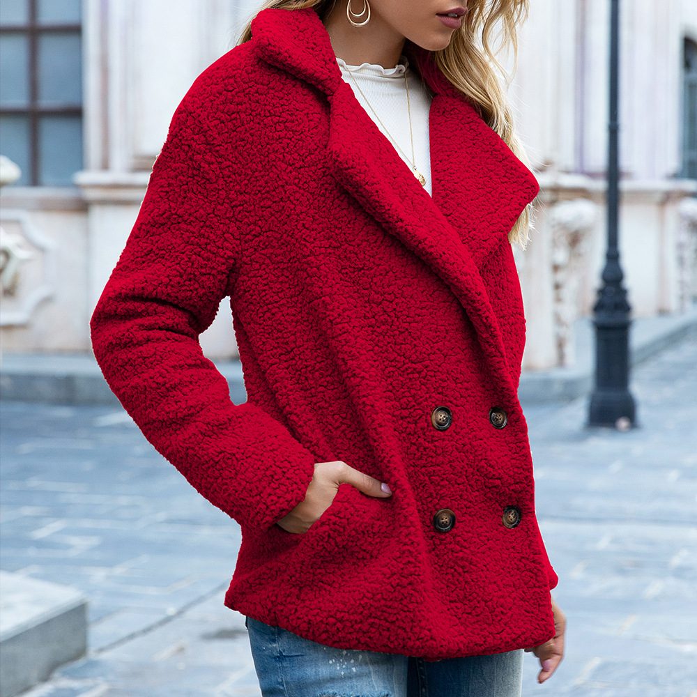 Loose Lapel Fluffy Coat Winter Button Jacket Cardigan Outwear For Women Clothing – Red