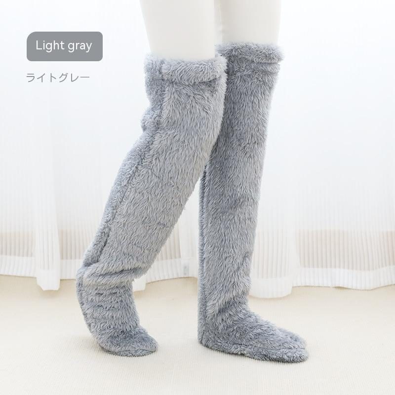 Over Knee High Fuzzy Long Socks Winter Warm Cold Leg Knee Joint Cold-proof Stockings Home Floor Sleeping Socks – Silver Gray