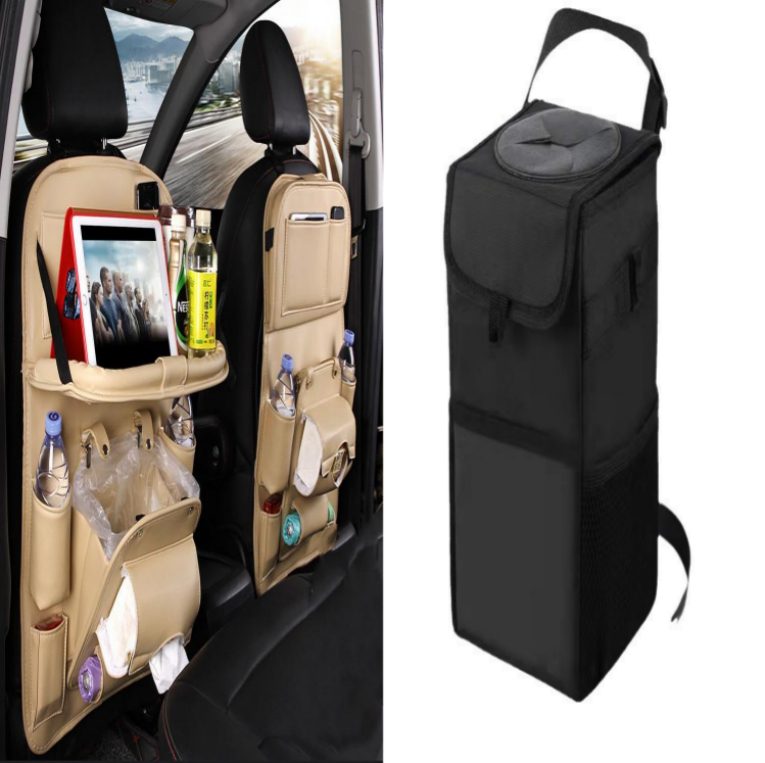 PU Leather Car Storage Bag Multifunction Seat Back Tray Hanging Bag Waterproof Car Organizer Automotive Interior Accessories – Beige set1