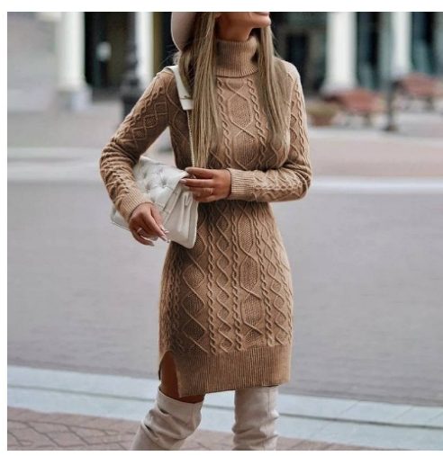 Fashion Turtleneck Knitted Dress With Slit Design Winter Warm Solid Color Pullover Long Sweater Women's Clothing – Camel