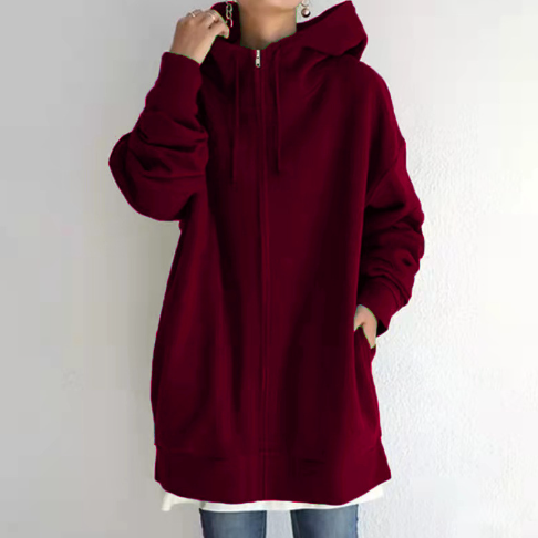 Oversized S-5XL Women Loose Hooded Coats Autumn Female Tie Collar Long Sleeve Zipper Up Add Velvet Long Sweatshirt – Wine Red