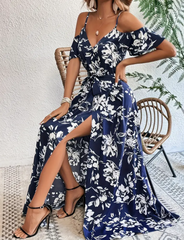 Flower Print Split Suspender Dress With Lace-up Design Summer Fashion Long Dresses Beach Clothing For Women – Navy Blue