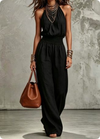 Womens Sleeveless Jumpsuit Backless Lace-up Halter Overall Pants Wide-leg Straight Onesie Trousers – Black