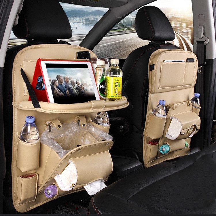 PU Leather Car Storage Bag Multifunction Seat Back Tray Hanging Bag Waterproof Car Organizer Automotive Interior Accessories – Beige