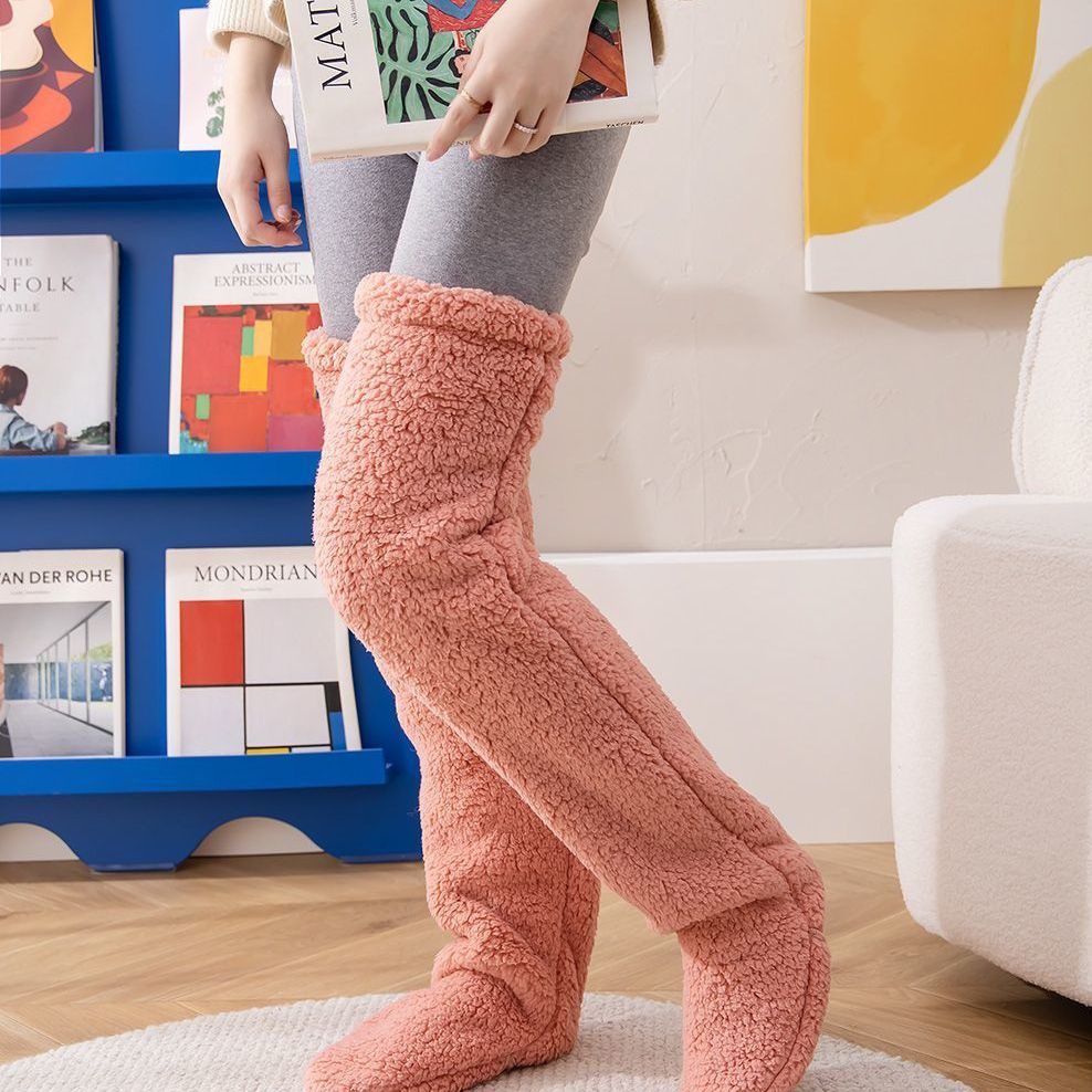 Over Knee High Fuzzy Long Socks Winter Warm Cold Leg Knee Joint Cold-proof Stockings Home Floor Sleeping Socks – Coral Pink