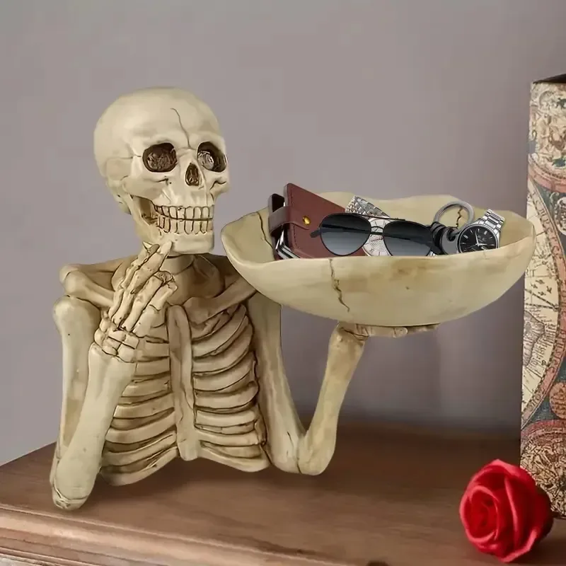 Skull Tray Ornament With Bowl Unique Skeleton Design For Indoor & Outdoor Decor, Perfect For Halloween, Day Of The Dead, Or Gothic Themed Rooms, Creative Room Decoration – yellow