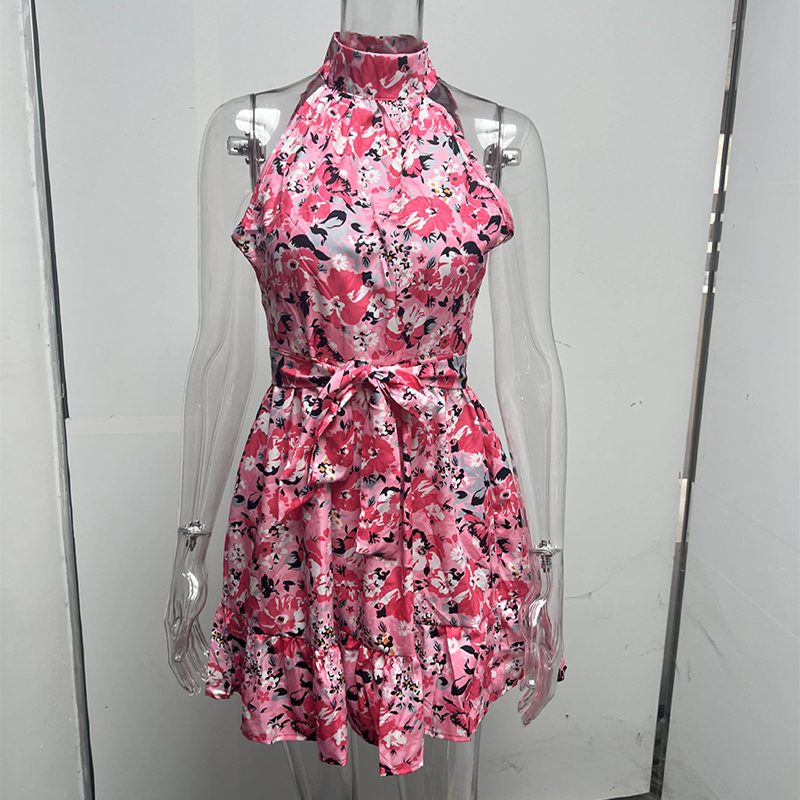 New Flowers Print Halterneck Dress Summer Fashion Temperament Lace-up Ruffled Dresses For Women – view 5