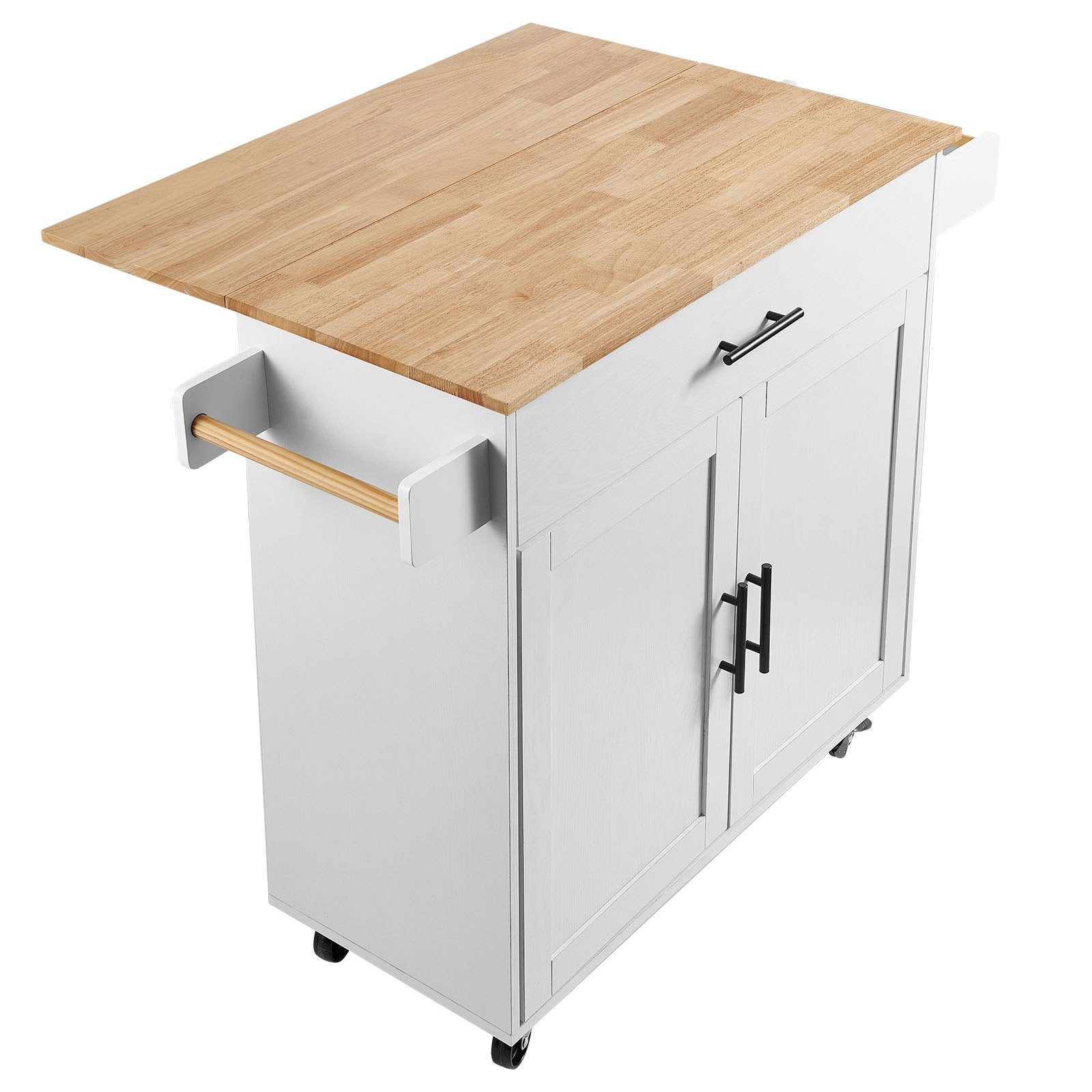 Kitchen Island Cart With Solid Wood Top, Mobile Carts With Storage Cabinet, Rolling Kitchen Table With Spice Rack, Towel Rack, Drop Leaf And Drawer, Portable Islands On Wheels, White – White