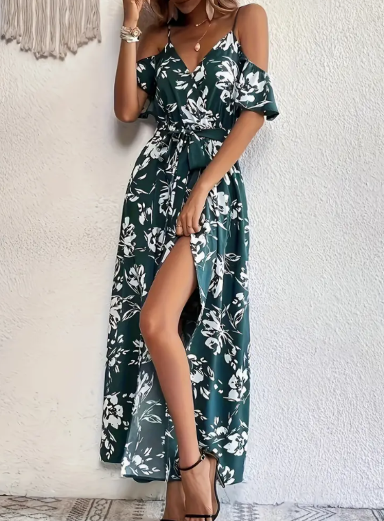 Flower Print Split Suspender Dress With Lace-up Design Summer Fashion Long Dresses Beach Clothing For Women – view 3