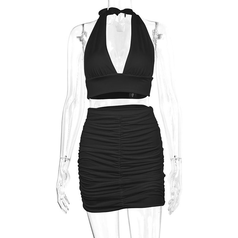 2pcs Dress Suits For Women Halter Lace-up Hip Top And Pleated Hip-covering Skirt – view 4