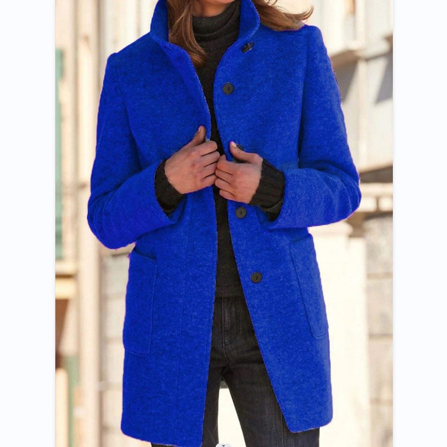 Fashion Stand Collar Woolen Coat With Pockets Fall Winter Casual Button Outwear For Women Clothing – Dark Blue