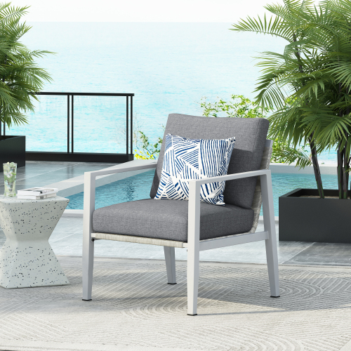 Gray Aluminum Lounge Chair With Sleek Rope Accents And Comfortable Cushions, Perfect For Modern Outdoor And Indoor Spaces – SilverWhite