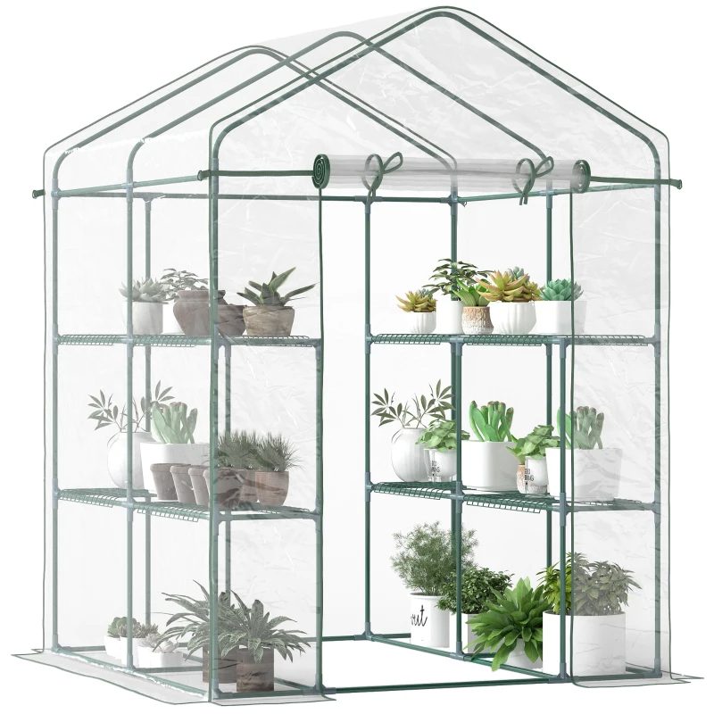Mini Walk-in Greenhouse Kit, Portable Green House With 3 Tier Shelves, Roll-Up Door, And Weatherized Plastic Cover For Backyard Garden, Clear – Clear