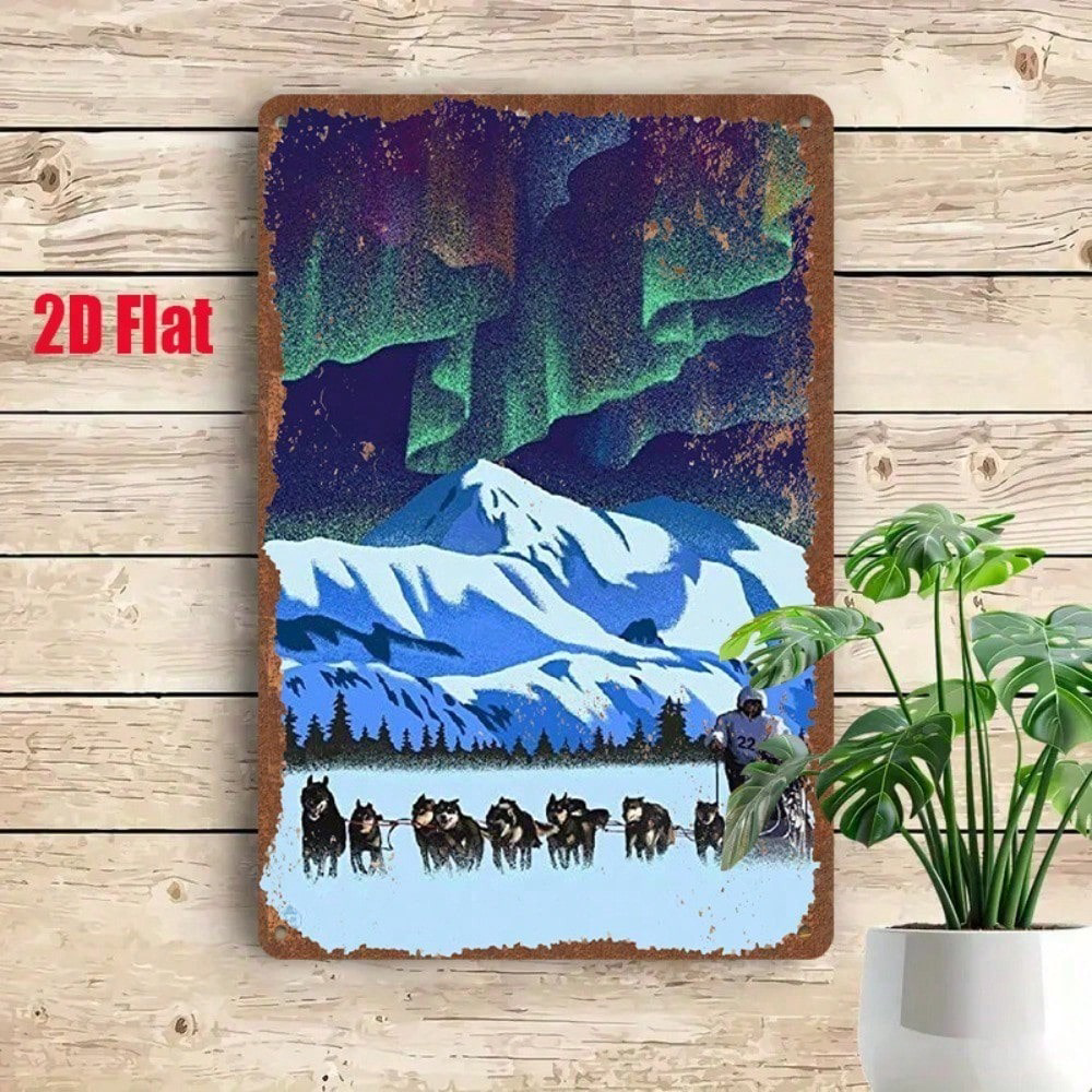 1pc Vintage Metal Tin Sign, Sign, 2D Flat Sled Dogs Under Aurora Northern Lights, Lights Pattern 8x12in Winter Forest Christmas, Wall Plaque Re – view 5