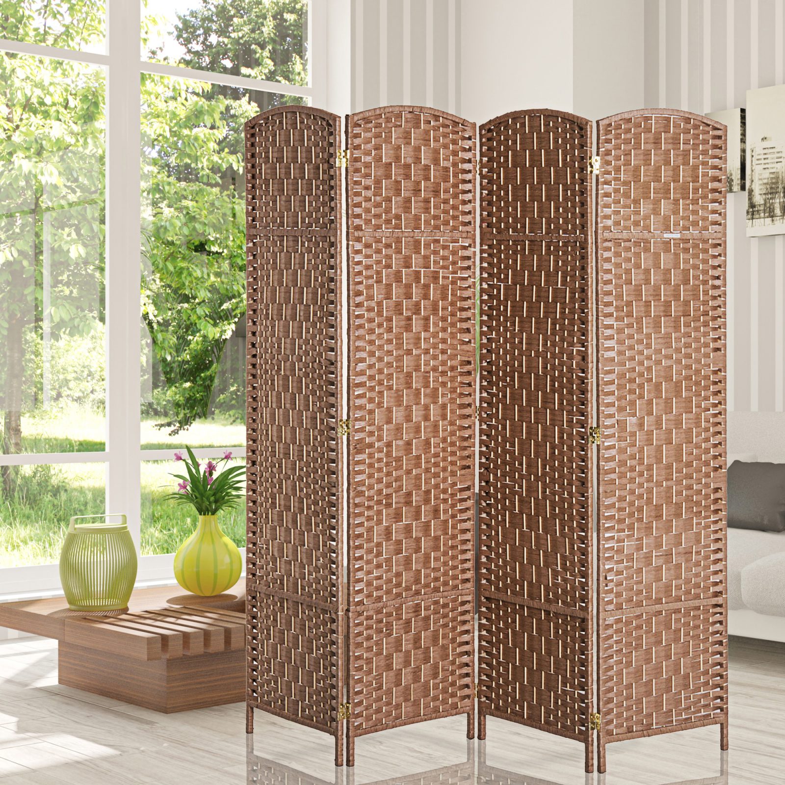 6FT Tall 4-Panel Wicker Weave Room Divider, Folding Privacy Screen, Portable Partition For Bedroom & Home Office, Natural – Brown