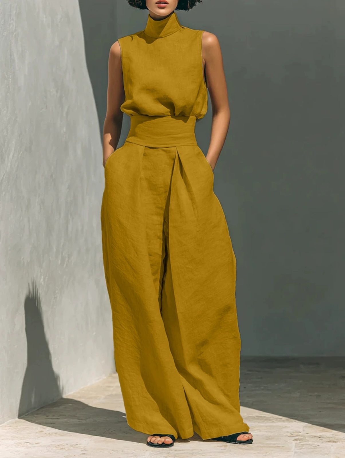 Casual Sleeveless Suit Summer Stand-up Collar Pullover Top And Loose Straight-leg Trousers Women's Clothing – Yellow