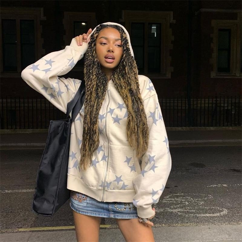 Stars Printed Zipper Hooded Cardigan Couple Fashion Outerwear Hoodies Sweatshirt Street Men Women Coat – Beige