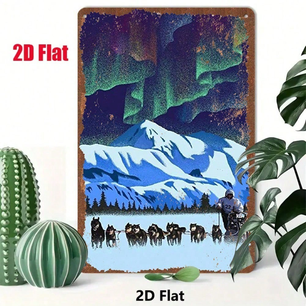 1pc Vintage Metal Tin Sign, Sign, 2D Flat Sled Dogs Under Aurora Northern Lights, Lights Pattern 8x12in Winter Forest Christmas, Wall Plaque Re – view 6