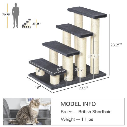 PawHut Cat Tree With 4 Steps For High Beds Couch, Cute Stair Shaped Cat Tree For Indoor Cats Or Dogs W Sisal Scratching Post, Climbing, Playing, Gray – view 5