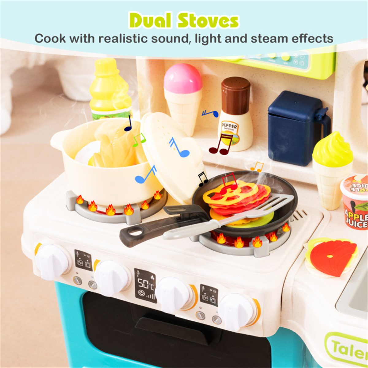 Blue Kids Corner Play Kitchen with Realistic Sounds, Lights & Steam, 95PCS Accessories Pretend Cooking Set for Ages 3+ – view 7