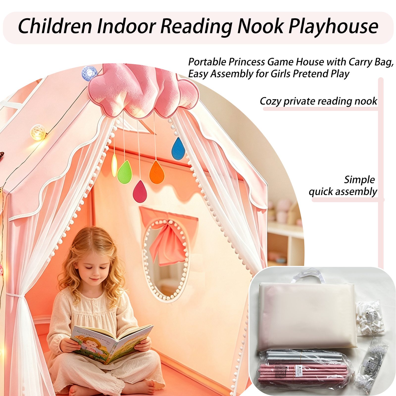 Kids Play Tent For Girls With Globe String Lights,Pink Princess Playhouse – view 4