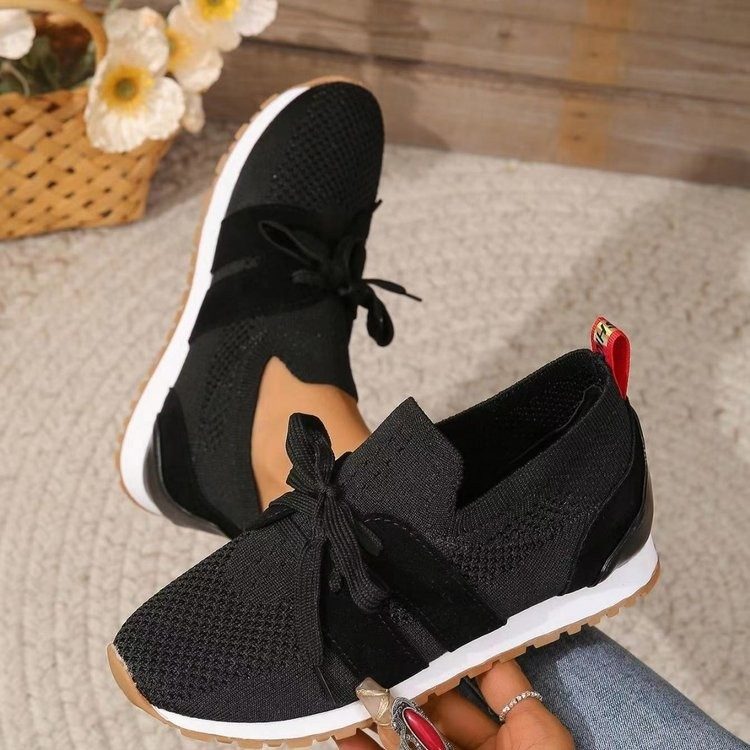 New Lace Up Mesh Flats Shoes For Women Breathable Casual Breathable Walking Wedges Shoes – Black