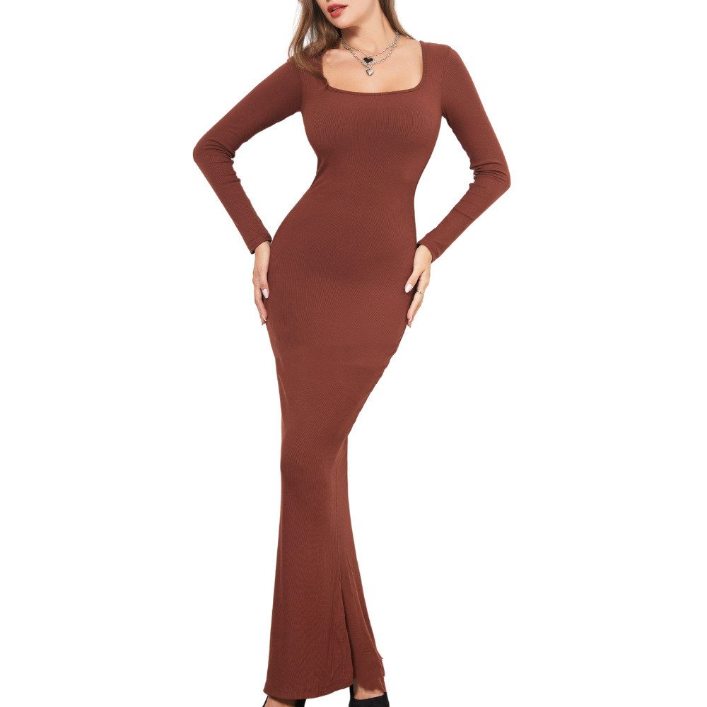 Two-in-one With Lining Double-layer Belly Contracting Hip Lifting Long Sleeve Narrow Dress – Brown