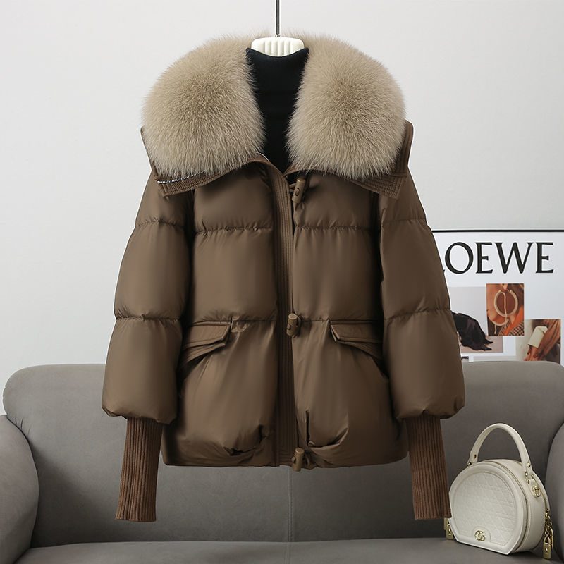 Down Cotton-padded Jacket Women's Short Fur Collar Thickened Coat Winter Clothing – Brown